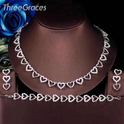 ThreeGraces Shiny Cubic Zirconia Crystal Silver Color Love Heart Earrings Bracelet Necklace Wedding Jewelry Set for Women TZ580