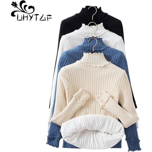 UHYTGF Sweater women knitted pullover autumn winter sweater Female plus velvet thicken elasticity warm sweaters jersey mujer 675