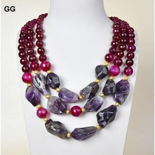 GuaiGuai Jewelry Natural Stone Red Rose Agate Purple Amethyst Nugget Crystal Necklace