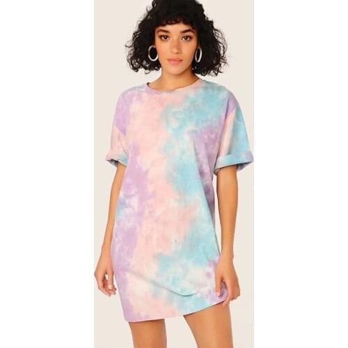 Women Short Sleeve Printed Tie-dye Pullove Dress O Neck Cotton Casual Homewear Loose Elegant Multicolor Dresses Women for Female