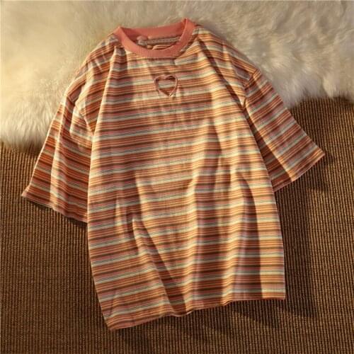 Summer New Korean Harajuku Hollow Out Love Heart Loose Striped Short Sleeve Embroidered T-Shirt Women