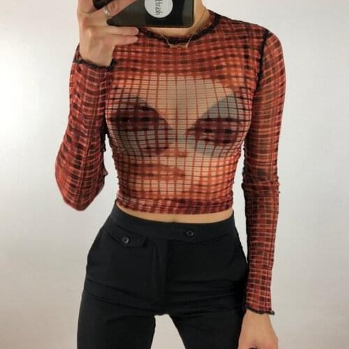 Xingqing Y2K Shirt Vintage 90S Women Mesh Sheer Long Sleeve Skinny Shirt Slim Fit Harajuku Tops Ladies See Through Clothes