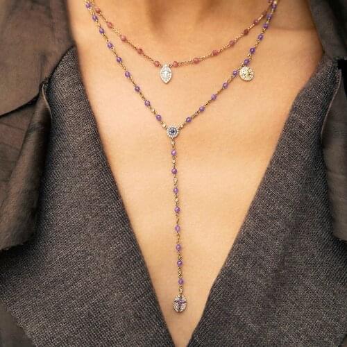 SLJELY Fashion 925 Sterling Silver Pink Purple Blue Beads Long Necklace with Embellished Pendant Zircon Women Hot Brand Jewelry
