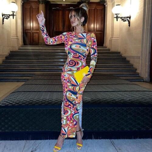 Multicolor Print Slim Sheath Ladies Maxi Dress Autumn Newly Long Sleeve O-neck 2021 Fashion Slit Streetwear Women Long Dresses