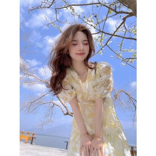 Womens dress summer new style retro waist slimming dress mid-length fashion puff sleeve flower princess dress 01-DS-ssgzxr