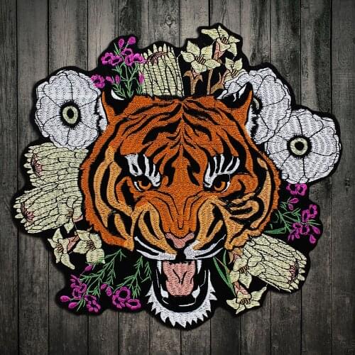1Piece Embroidery Fashion Cool Big Large Yellow Tiger Flowers Patch Applique Badge Clothes Patch, Iron on Patches for Clothes