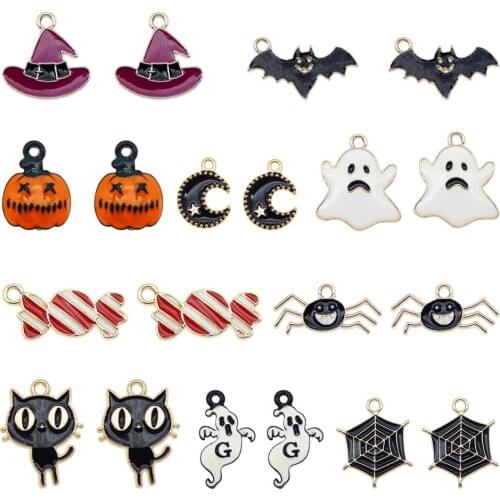 Julie Wang 10 Pairs Alloy Halloween Charms Enamel Candy Ghost Pumpkin Mixed Pendants For Women Earrings DIY Accessory