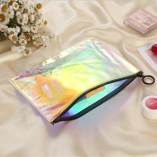100Pcs/Lot 21cmx16cm Portable PVC Transparent Large Capacity Cosmetic Bag Laser Rainbow Waterproof Washing Bag Storage Bags