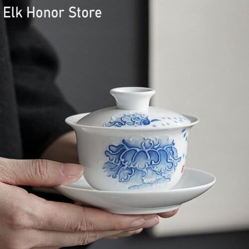 130ml Retro Hand Painted Peony Tea Tureen Blue And White Jade Porcelain GaiWan Common Callalily Art Ceramic Bowl With Lid Teaset