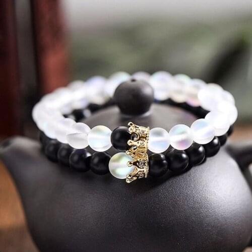 2Pcs/Set Natural Stone Beaded Bracelet Crown Accessories Luminous Couple Bracelet Friendship Charm Jewelry Gift Men Women