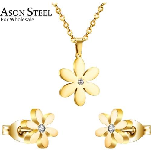 ASONSTEEL Jewelry 316L Stainless Steel Gold Color Jewelry Sets for Women 2019 Flower Pendant Necklace Small Earrings for Femme