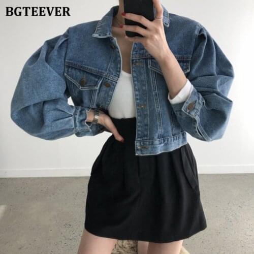 BGTEEVER Fashion Loose Turn-down Collar Denim Short Jackets for Women 2021 Spring New Full Sleeve Pockets Female Jeans Coats