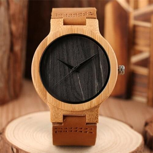 Casual Men Women Nature Wood Wristwatches Simple Bamboo Sliced Pattern Genuine Leather Strap Minimalist Wooden Watch Clock Gifts
