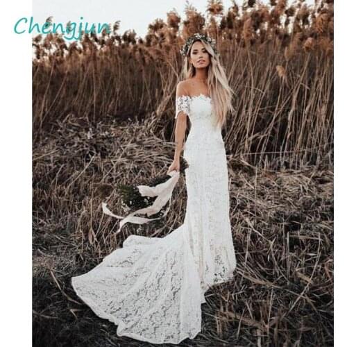 Chengjun Sweetheart Off The Shoulder Short Sleeve Lace Mermaid Wedding Dress Boho