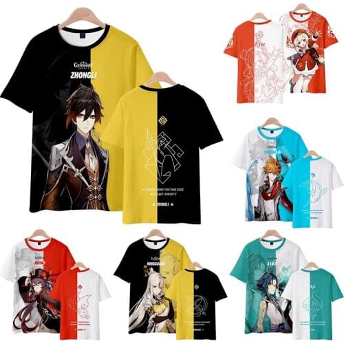 Genshin Impact T-shirt Male Cartoon Animation Zhongli Diluc Venti Klee Peripheral Short-sleeved Male Female Childrens Clothing