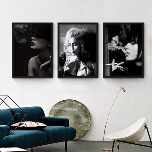 HAOCHU Nordic Canvas Painting Character Black and White Smoking Beautiful Lady Modern Sofa Background Wall Art Posters