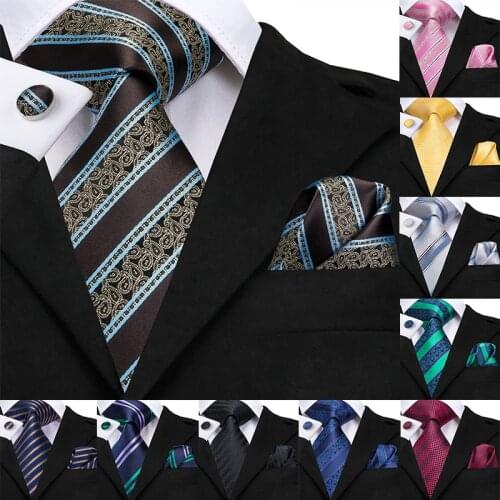 Hi-Tie Businesss Blue Mens Ties Set Silk Striped Tie Hanky Cufflinks Set 8.5cm Wide Classic Business Wedding Pocket Square Tie
