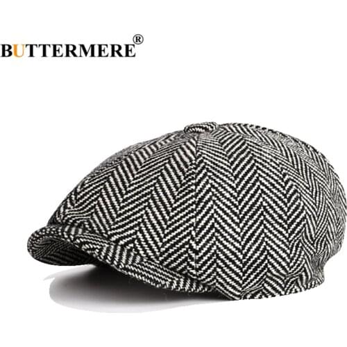 BUTTERMERE Newsboy Cap Herringbone Men Women Gatsby Retro Hat Black White British Style Autumn Winter Driver Flat Cap 54-60cm