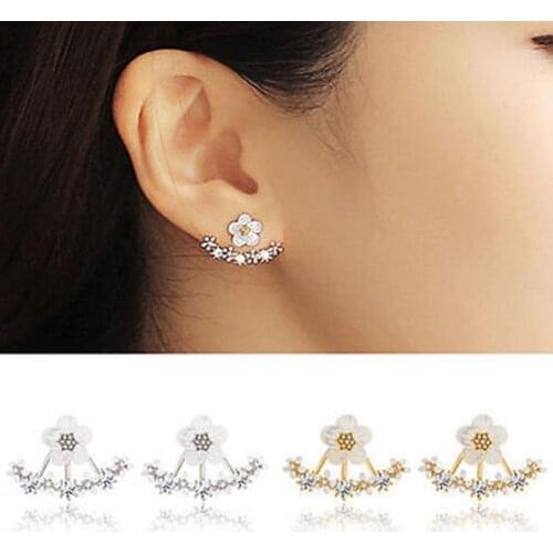 Fashion Cute Daisy Flower Shiny Rhinestone Ear Jacket Stud Earrings for Women Girl Jewelry