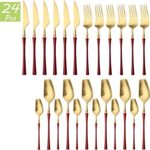 24Pcs 304 Stainless Steel Tableware Red Gold Cutlery Set Vintage Knife Fork Coffee Spoon Dinnerware Set Party Kitchen Silverware