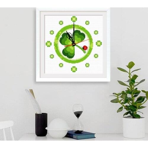 Kit punto de cruz ofertas Green fresh plant clover cross stitch printed canvas wall clock to send clock core Kids room decor