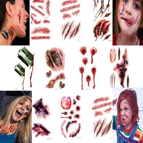 Halloween Tattoos Zombie Scars Fake Scar Bloody Costume Makeup Tatoo Stickers Terror Wound Scary Blood Temporary Tattoo Sticker
