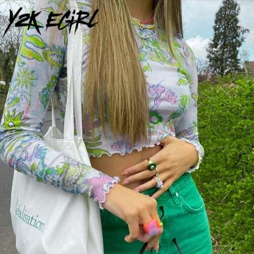 New Female Floral Print Round Collar Long Sleeve T-Shirt For Spring Summer Casual Style Crop Tops Daily Wear Green Soft S-XL