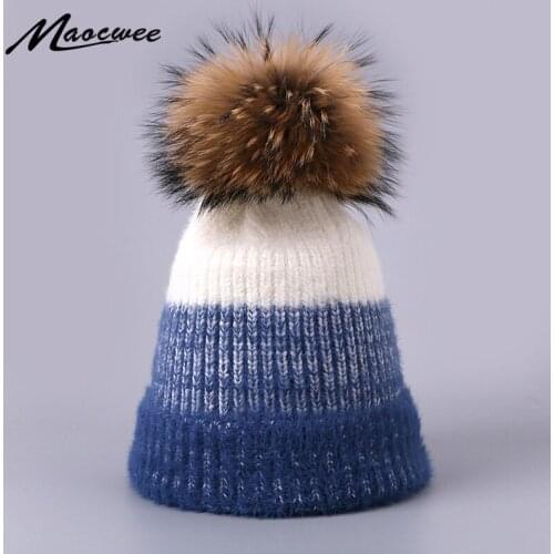 Women Real Fur Pom Pom Hat Winter Warm Outdoor Windproof Beanie Hat Pompon Knitted Beanies For Women Man Winter Hats Bone Gorras