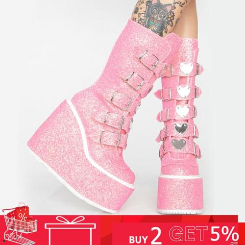 GIGIFOX Brand Fashion Gothic Street Cool Wedges Woman Shoes Buckles Big Size 43 Glittered Pink Chunky Platform Motorcycles Boots