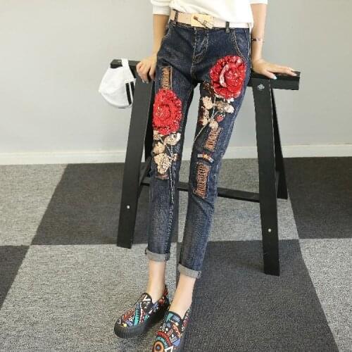 2020 New Spring Autumn Women Fashion Embroidered Flares Skinny Denim Pencil Pants Lady Vintage Pattern Washed Jeans Trouser N107