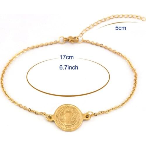 Risul San Benito golden Saint Benedict Medal charm Bracelet Women jewelry gift Rolo chain simple Stainless steel god bless you