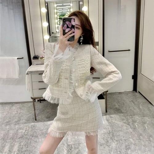 Autumn Suit Female Temperament Tweed Short Stitching Jacket + High Waist A-Line Skirt Women Two-Piece Sets