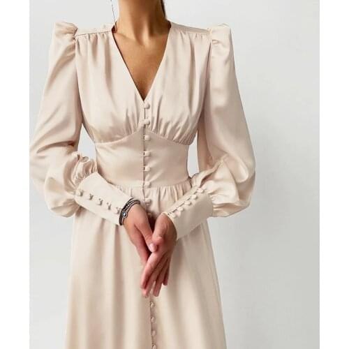 Womens Long Dress Satin Lantern Sleeve High Waist Slim Elegant Party A-Line Dresses 2021 Autumn V Neck Single Breasted Dresses
