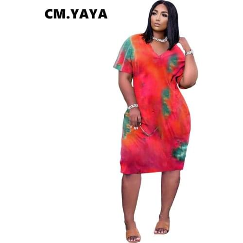 CM.YAYA Tie Dye Print Women V-neck Loose Slim Dress Plus Size Streetwear Fashion Knee Length Loose Straight Dresses with Pockets