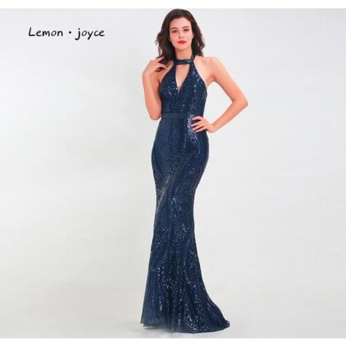 Lemon joyce Dark Blue Formal Mermaid Evening Dresses Long Halter Sexy Backless Sequined Party Gowns for Women Plus Size