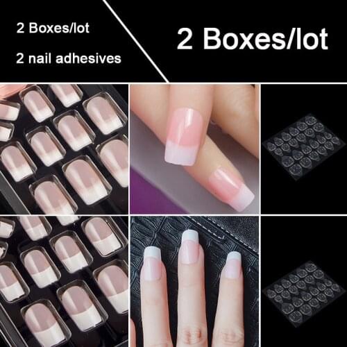 2 Boxes/lot full nail tips acrylic fake nails with designs square shape false nail tips 10size press on nails with nail adhesive