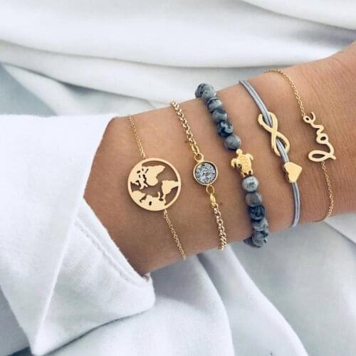 6pcs/set Fashion Love World Map Sea Turtle Grey Beaded Multilayer Bracelets Set for Women Charm Party Jewelry Gift MX0101
