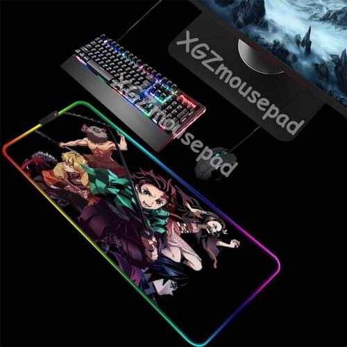 XGZ Large RGB Mouse Pad Black Lock Edge Anime Demon Slayer Kimetsu No Yaiba Computer Desk Mat Colorful Light Rubber Non-slip Xxl