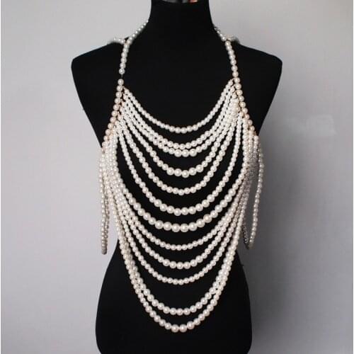 European Multi Layered Pearl Strap Necklace Pendant Body Chain Sexy Adjustable Bikini Top Crop Women Bra Pearl Chain Jewelry