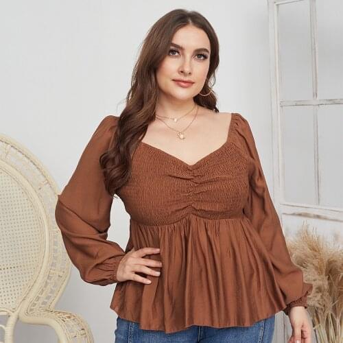 DOIB Women Caramel Blouse Plus Size Folds V Neck Lantern Sleeve Blouse Solid Color Collect Waist Blouse 2021 Fashion Blouse