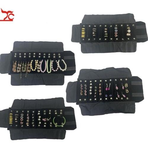 Factory Mini Velvet Jewelry Display Storage Pouch Black Foldable Earring Stud Ring Necklace Jewelry Organizer Travel Roll Bag