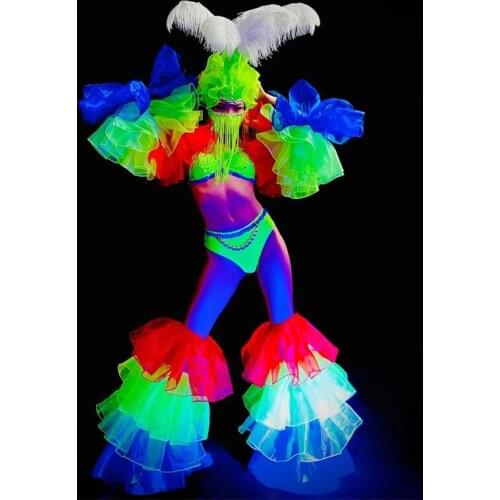 Fluorescent Color Bikini Suit Lace Gauze Sleeve Feather Headdress Nightclub Female Singer GoGo Dancer Festival Clothing DWY6056