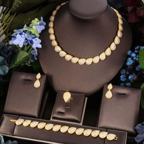Janekelly 4pcs Bridal Zirconia Full Jewelry Sets For Women Party, Luxury Dubai Nigeria CZ Crystal Wedding Jewelry Sets