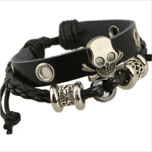 JINGLANG Free Shipping Fashion Leather Bracelets Multilayer Infinity Retro Alloy Skull Cuff Bracelets Bangles For Men Jewelry
