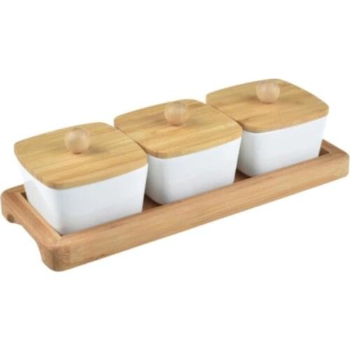 Creative Bamboo Snack Breakfast Serving Platter Tray Porcelain Bowls with Bamboo Lids Set of 9 Kitchenware Picnic Snack Serving