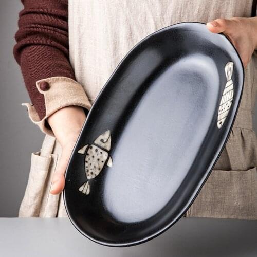 Creative Japanese hand-painted fish plate large size fish plate oval ceramic long plate tableware household steamed fish plate