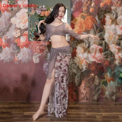 Belly Dance Suit summer mesh fabric top Printing Split Skirt Performance Clothes Set Adult Profession Competition Clothing