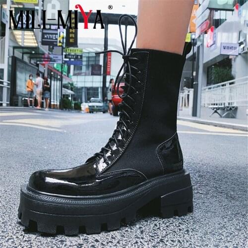 MILI-MIYA Fashion Martin Shoes Women Cow Leather Ankle Boots Stretch Kitting Shaft Lace-Up Round Toe Plus Size 34-41 Handmade
