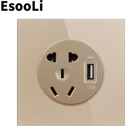 Esooli Gold 3 colors Crystal Glass Panel 10A Wall Outlet Universal 5 Hole Power Socket With USB Fast Charging Port DC 5V 2.1A