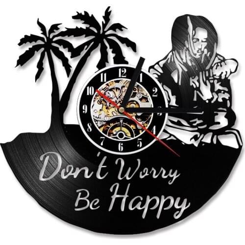 Don't Worry Be Happy Wall Watches Vintage Vinyl Record Encouraging Victor Trophy Wall Clock Design 3D Non-Ticking Wall Watch